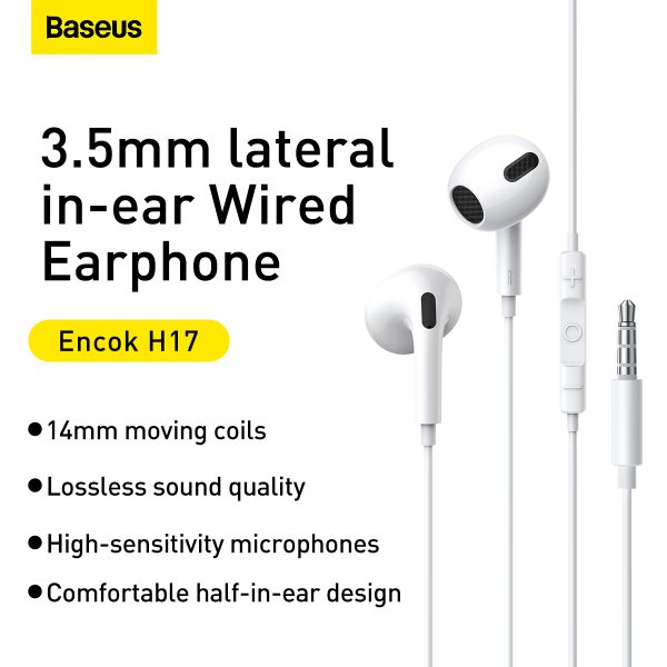 BASEUS ENCOK H17 3.5MM LATERAL IN EAR WIRED EARPHONE WHITE - Image 3