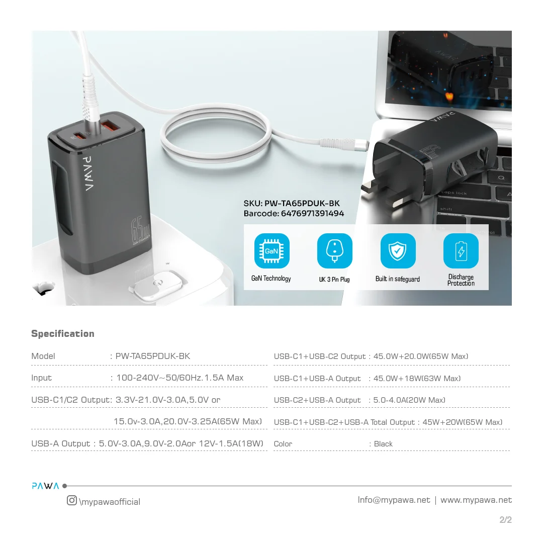 PAWA SOLID TRAVEL DUAL PD AND QC PORT CHARGER GAN 65W UK BLACK PW-TA65PDUK-BK - Image 4