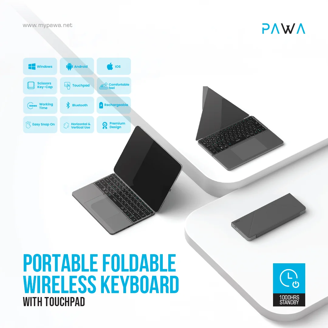 PAWA PORTABLE FOLDABLE WIRELESS KEYBOARD WITH TOUCHPAD GREY PW-PKW2T5F2-GY - Image 3
