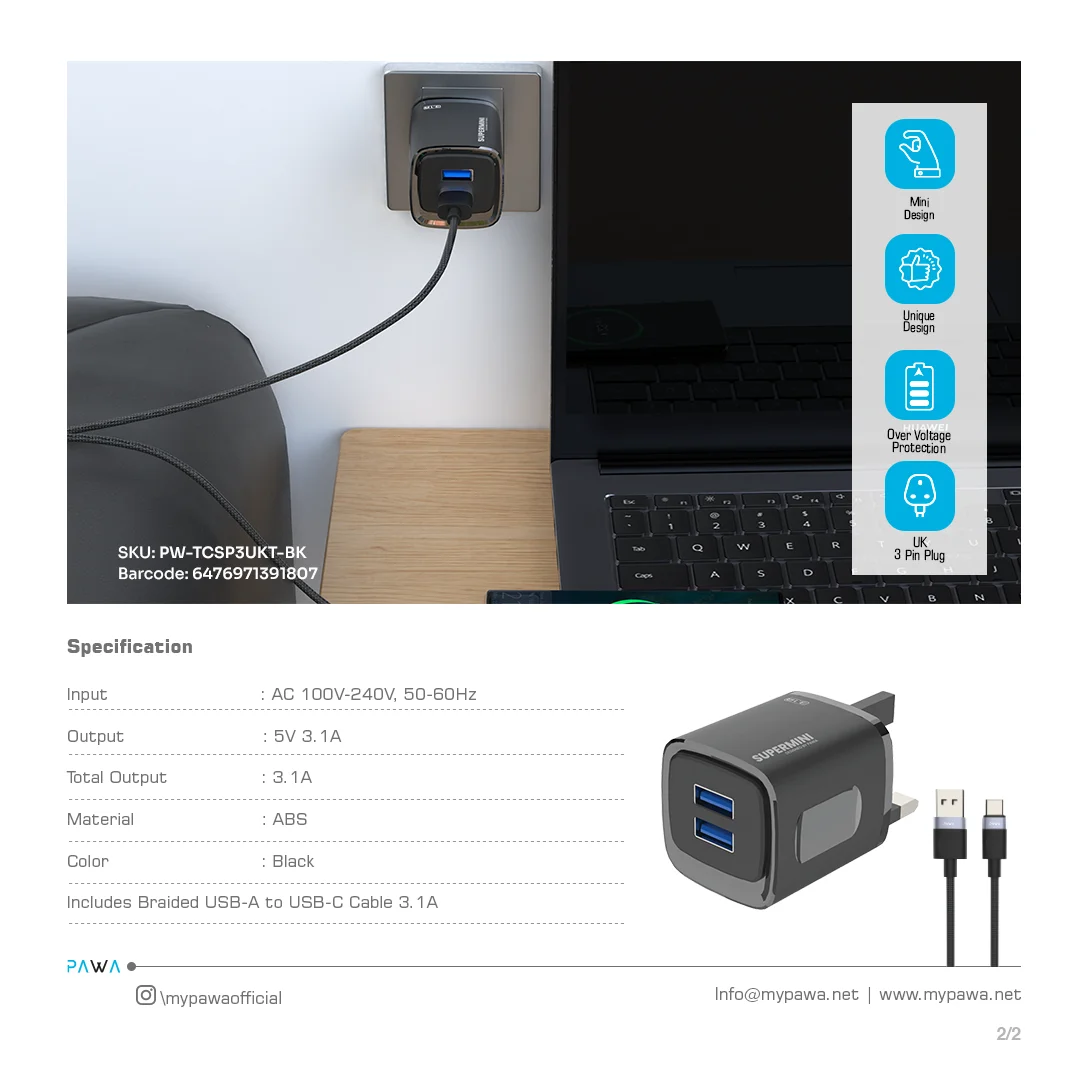 PAWA SUPERMINI TRAVEL CHARGER DUAL USB 3.1A WITH BRAIDED TYPE C CABLE BLACK PW-TCSP3UKT-BK - Image 4