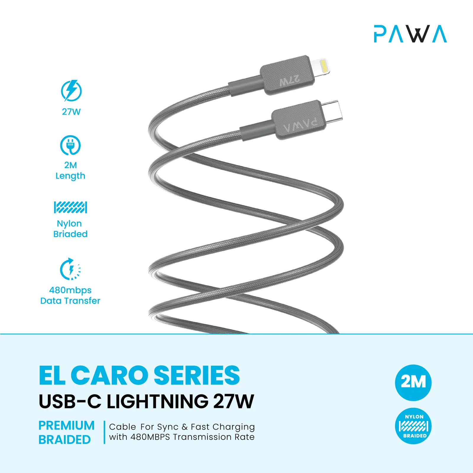 PAWA EL CARO SERIES USB C TO LIGHTNING 27W PREMIUM BRAIDED CABLE 2M GREY PW-20BD27CL-GY - Image 2