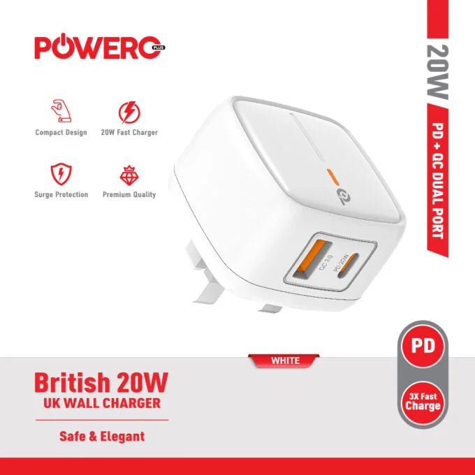 POWERO PLUS BRITISH PD QC 20W ADAPTER WHITE PR-TCP20UK-WH - Image 3