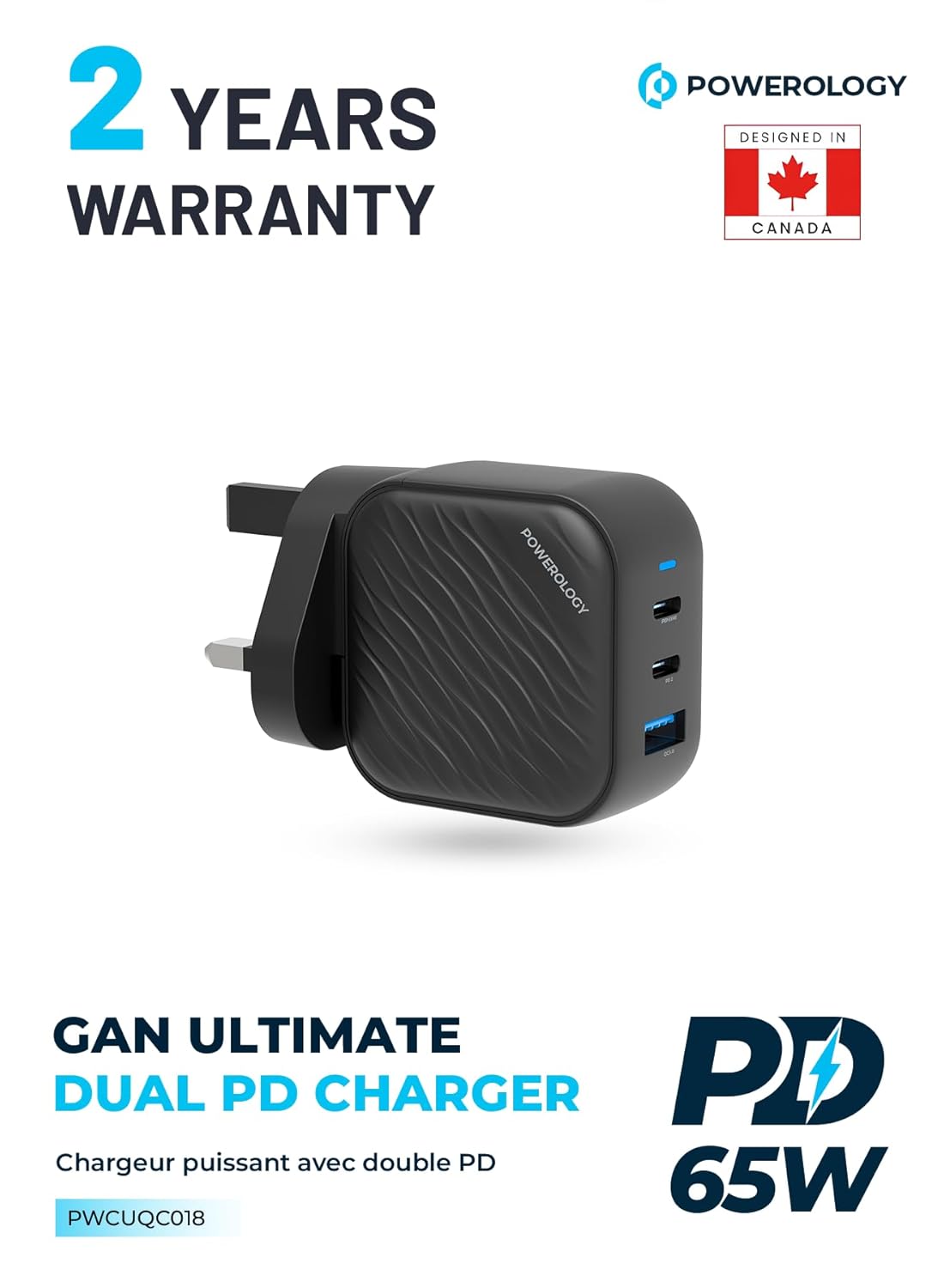 POWEROLOGY GAN DUAL USB C WALL CHARGER PD 45W PWCUQC035 - Image 2