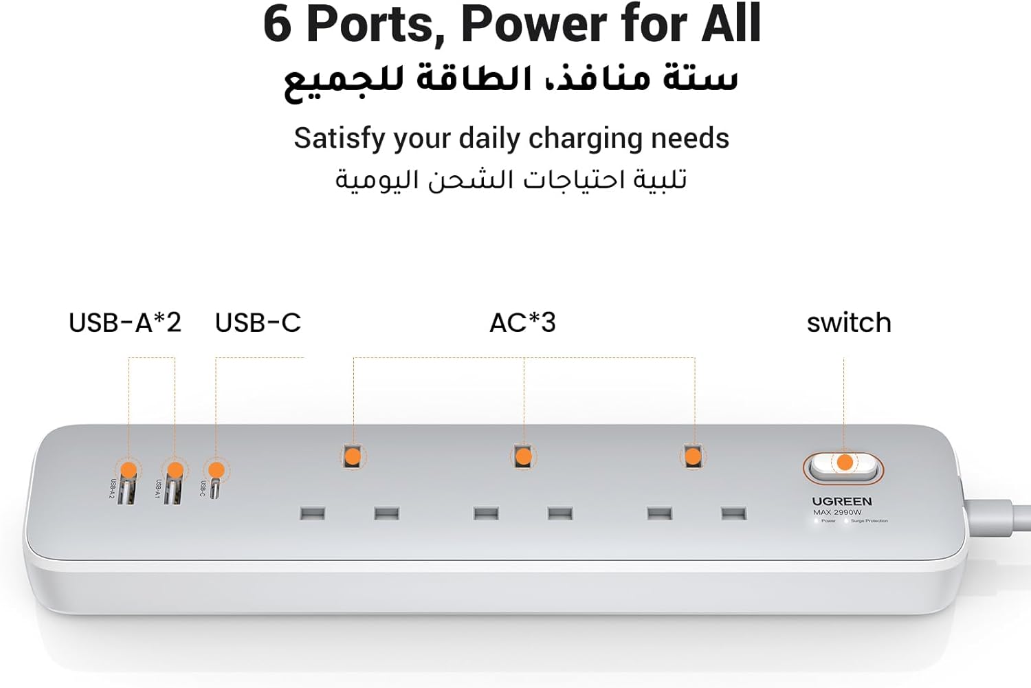 UGREEN 3 AC POWER STRIP WITH MASTER SWITCH (2A1C) 30W WHITE 15461 - Image 4