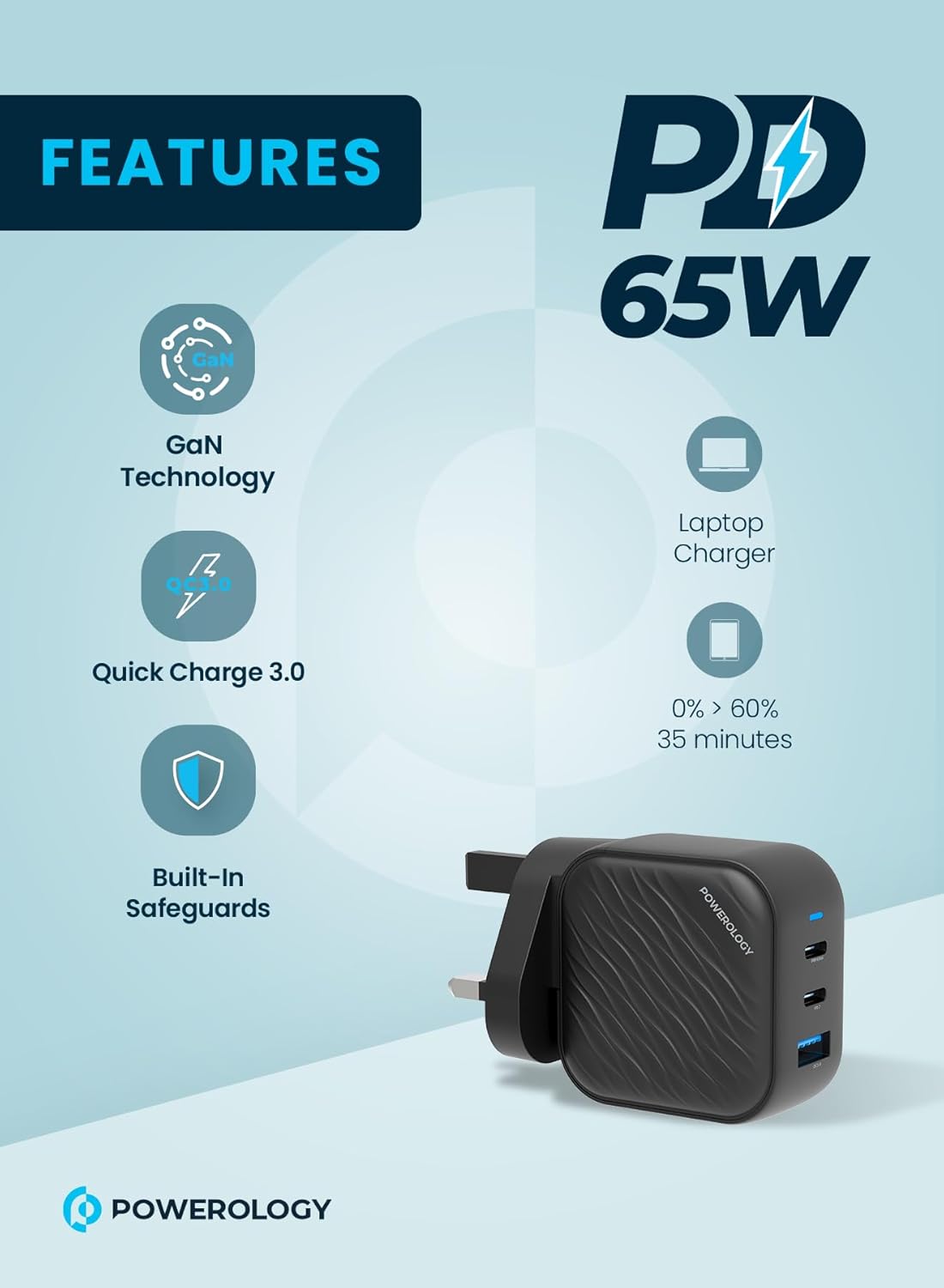 POWEROLOGY GAN DUAL USB C WALL CHARGER PD 45W PWCUQC035 - Image 3