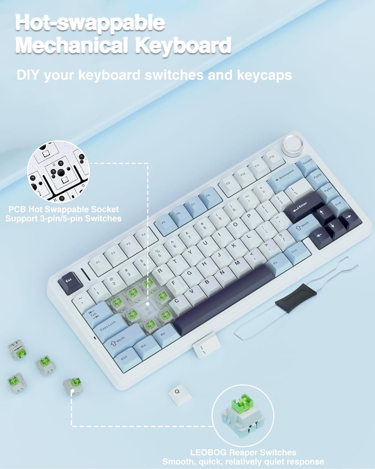AULA f75 KEYS RGB 75% MECHANICAL GAMING KEYBOARD TRI-MODE KNOB ICE VEIN SWITCH LT BLU-WHT-PRP F75 - Image 5