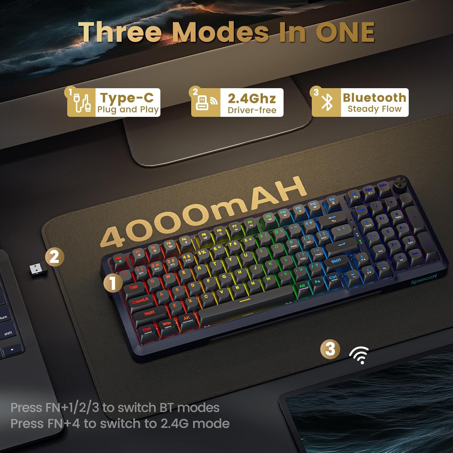 REDRAGON BREAGI PRO GASKET WIRELESS MECHANICAL KEYBOARD CREAM LINEAR SWITCHES K688GB-RGB-PRO - Image 6