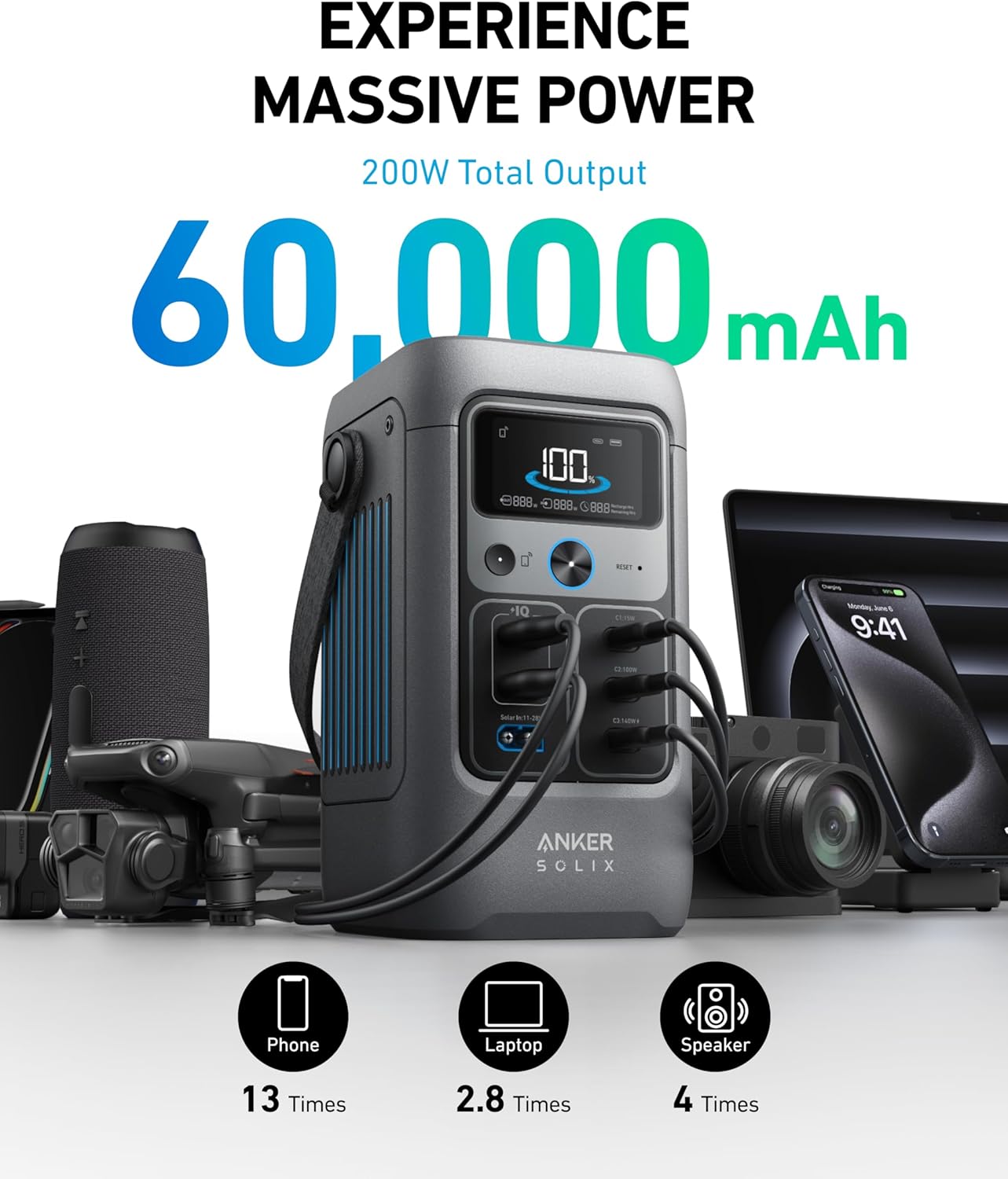 ANKER SOLIX C200 DC PORTABLE POWER STATION 60000MAH 200W GRAY A17270Z1 - Image 3