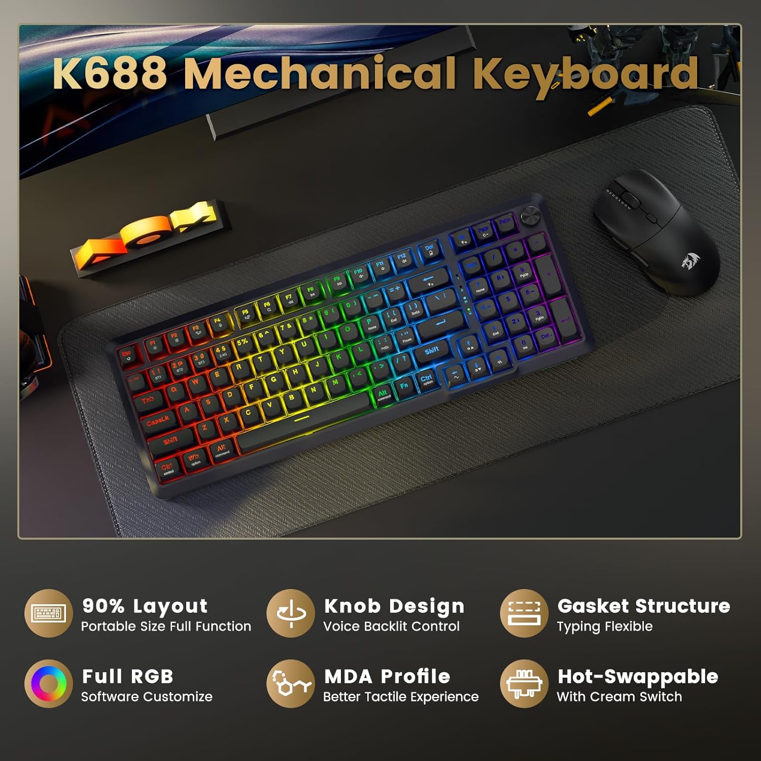 REDRAGON BREAGI PRO GASKET WIRELESS MECHANICAL KEYBOARD CREAM LINEAR SWITCHES K688GB-RGB-PRO - Image 3