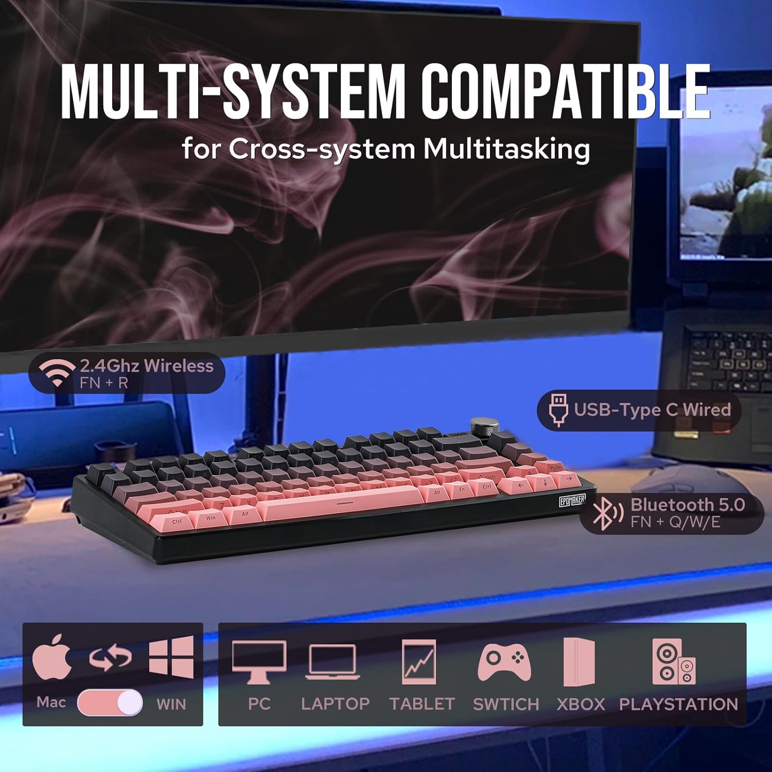 AULA 87 KEYS RGB 80% MECHANICAL GAMING KEYBOARD TRI-MODE GRAYWOOD V4 SWITCH GRADIENT BK-PNK F87 PRO - Image 3