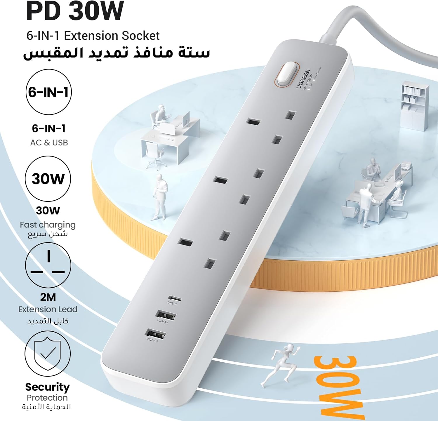 UGREEN 3 AC POWER STRIP WITH MASTER SWITCH (2A1C) 30W WHITE 15461 - Image 3