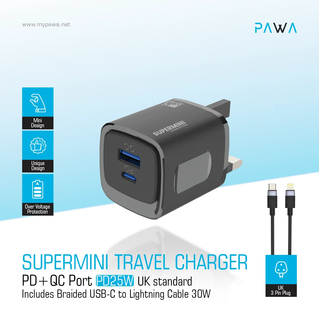 PAWA SUPERMINI TRAVEL CHARGER PD QC PORT 25W WITH BRAIDED LIGHTNING CABLE BLACK PW-TC25CUUL-BK - Image 3