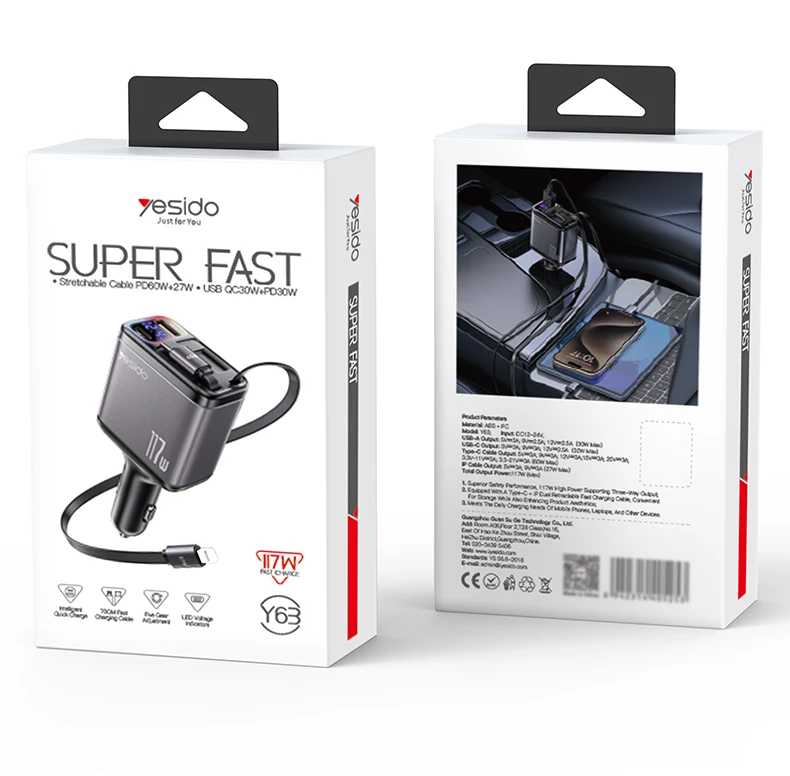 YESIDO 117W SUPER FAST CAR CHARGER BLACK Y63 - Image 11