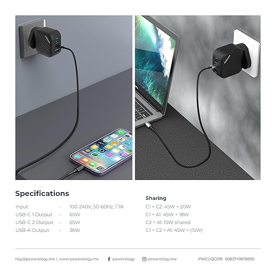 POWEROLOGY GAN DUAL USB C WALL CHARGER PD 45W PWCUQC035 - Image 7