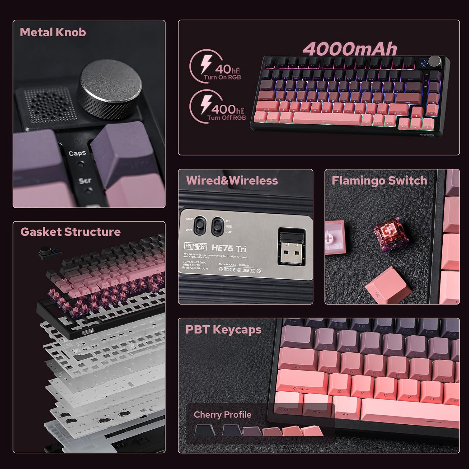 AULA 87 KEYS RGB 80% MECHANICAL GAMING KEYBOARD TRI-MODE GRAYWOOD V4 SWITCH GRADIENT BK-PNK F87 PRO - Image 2