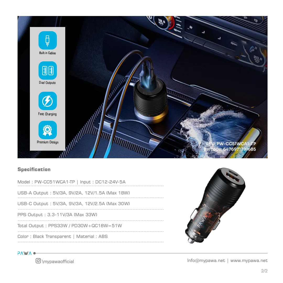 PAWA SOLID CAR CHARGER DUAL PORT PD+QC 51W TRANSPARENT PW-CC51WCA1-TP - Image 4