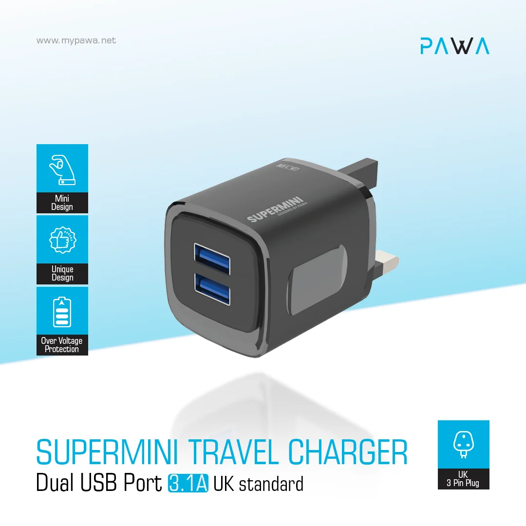 PAWA SUPERMINI TRAVEL CHARGER DUAL USB 3.1A BLACK PW-TCSP31UK-BK - Image 4