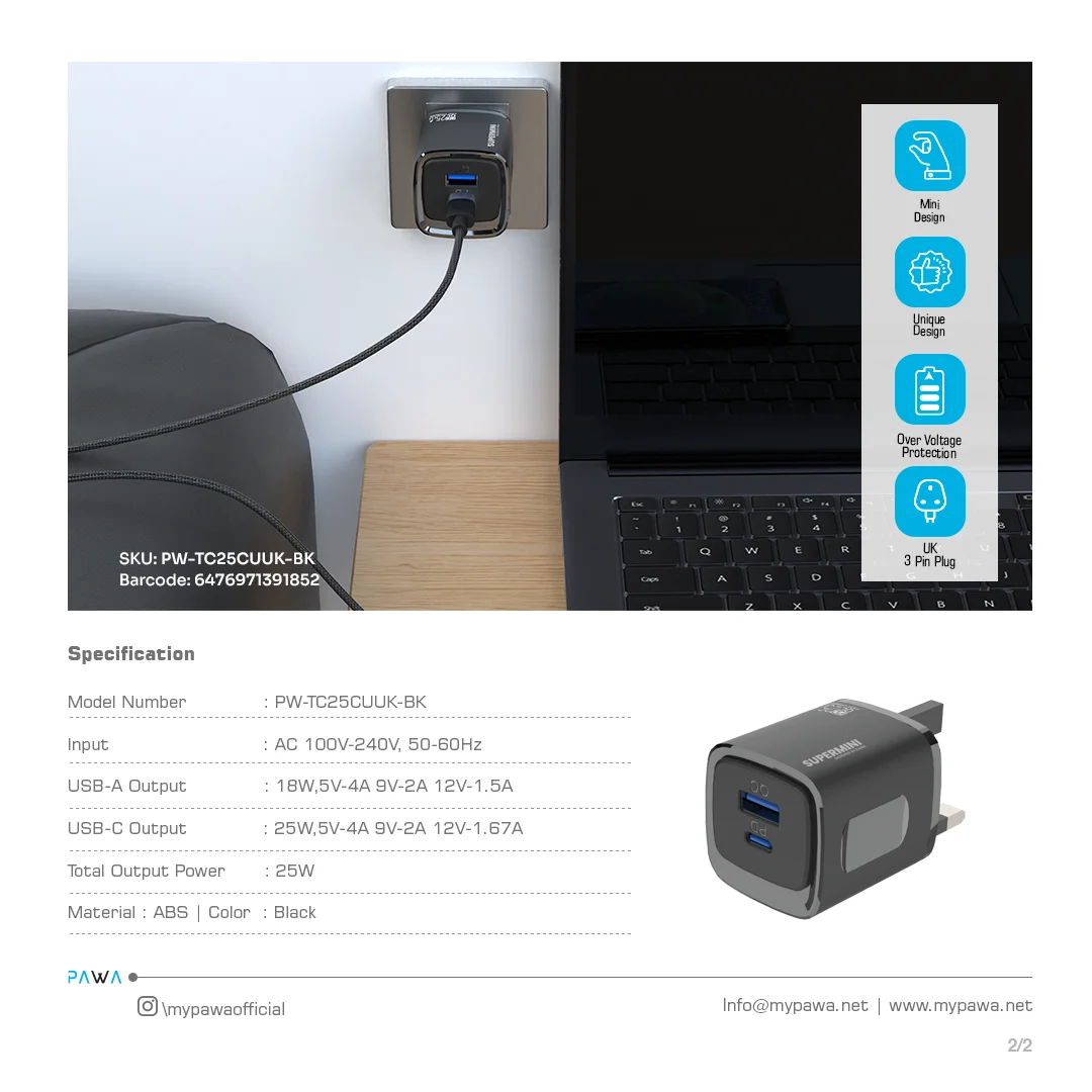 PAWA SUPERMINI TRAVEL CHARGER PD QC PORT 25W BLACK PW-TC25CUUK-BK - Image 4
