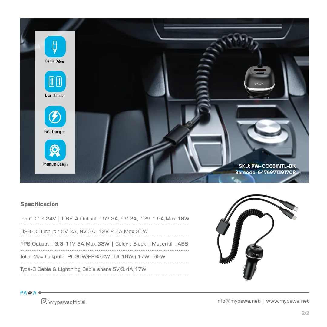 PAWA SOLID CAR CHARGER DUAL PORT PD+QC WITH USB C AND LIGHTNING CABLE 68W BLACK PW-CC68INTL-BK - Image 5