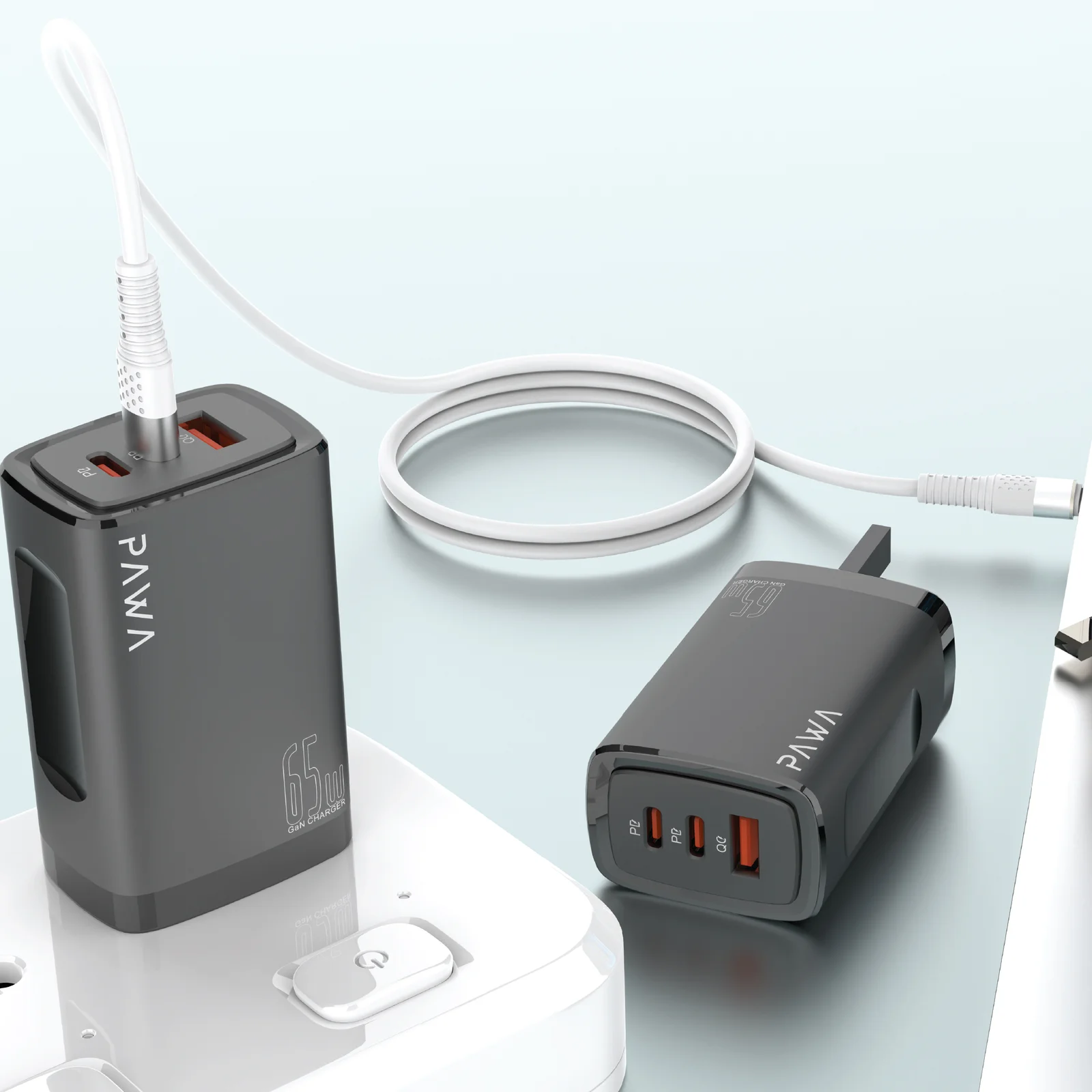 PAWA SOLID TRAVEL DUAL PD AND QC PORT CHARGER GAN 65W UK BLACK PW-TA65PDUK-BK - Image 2