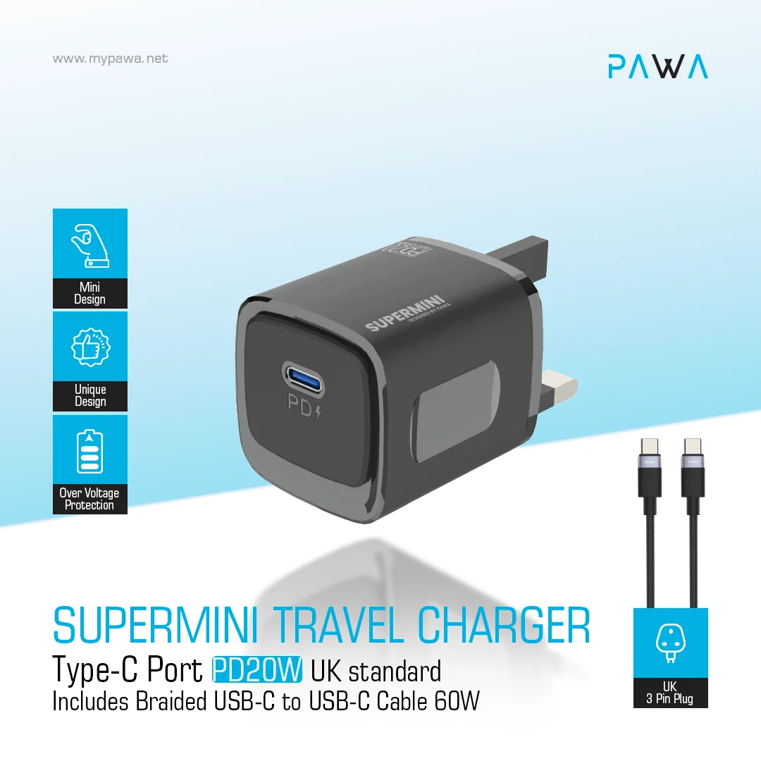 PAWA SUPERMINI TRAVEL CHARGER TYPE C PORT PD20 WITH BRAIDED TYPE C CABLE BLACK PW-TCSP20UT-BK - Image 3