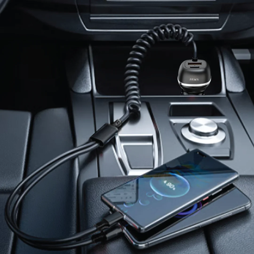 PAWA SOLID CAR CHARGER DUAL PORT PD+QC WITH USB C AND LIGHTNING CABLE 68W BLACK PW-CC68INTL-BK - Image 2