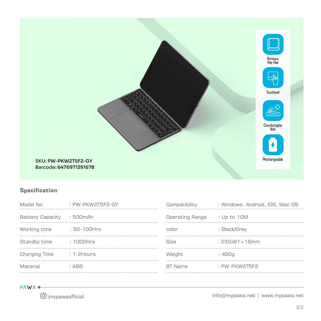 PAWA PORTABLE FOLDABLE WIRELESS KEYBOARD WITH TOUCHPAD GREY PW-PKW2T5F2-GY - Image 4