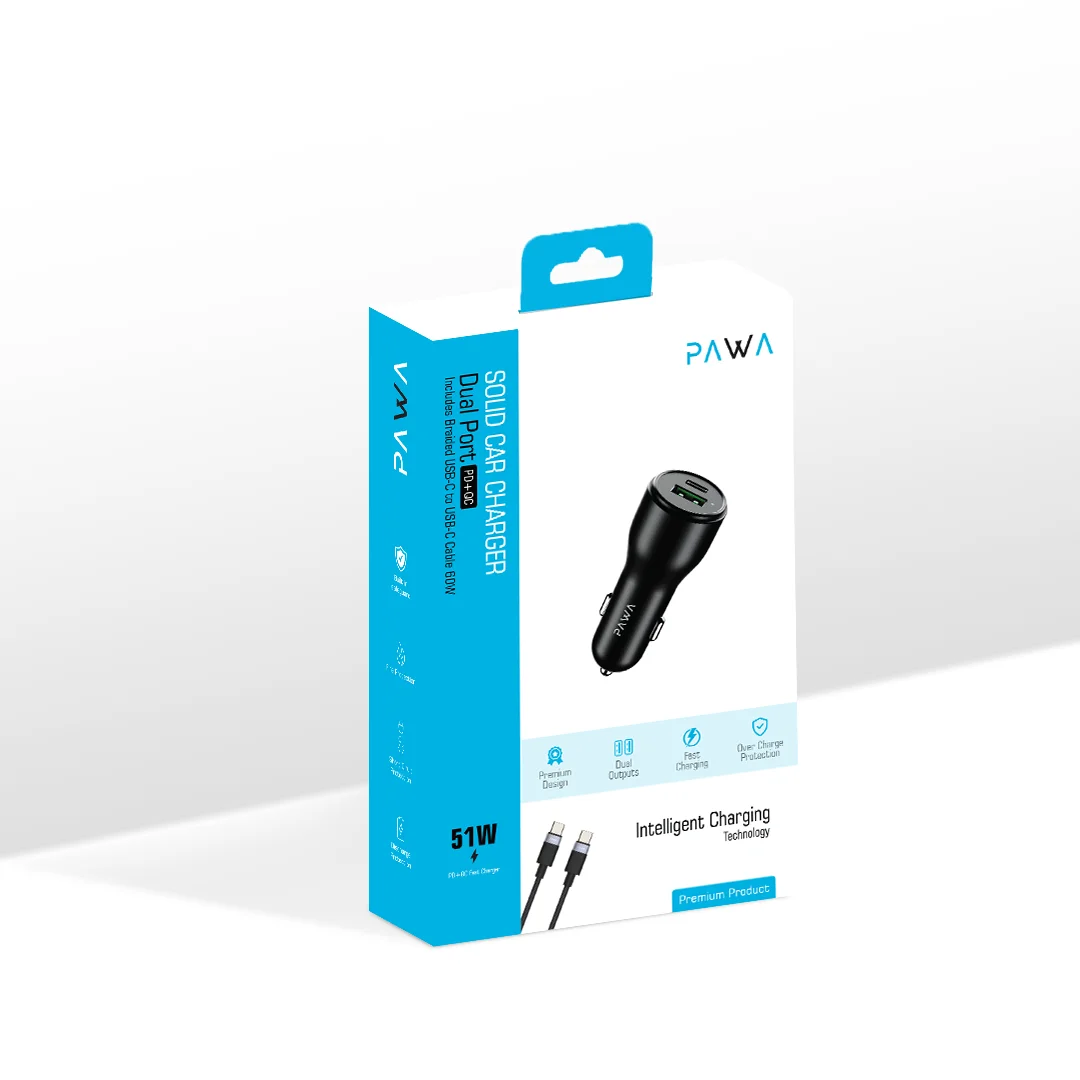 PAWA SOLID CAR CHARGER DUAL PORT PD+QC WITH BRAIDED USB C TO USB C CABLE 51W BLACK PW-CC51CA5T-BK - Image 5
