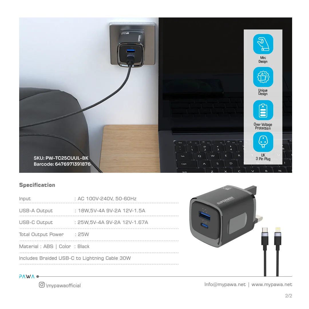 PAWA SUPERMINI TRAVEL CHARGER PD QC PORT 25W WITH BRAIDED LIGHTNING CABLE BLACK PW-TC25CUUL-BK - Image 4
