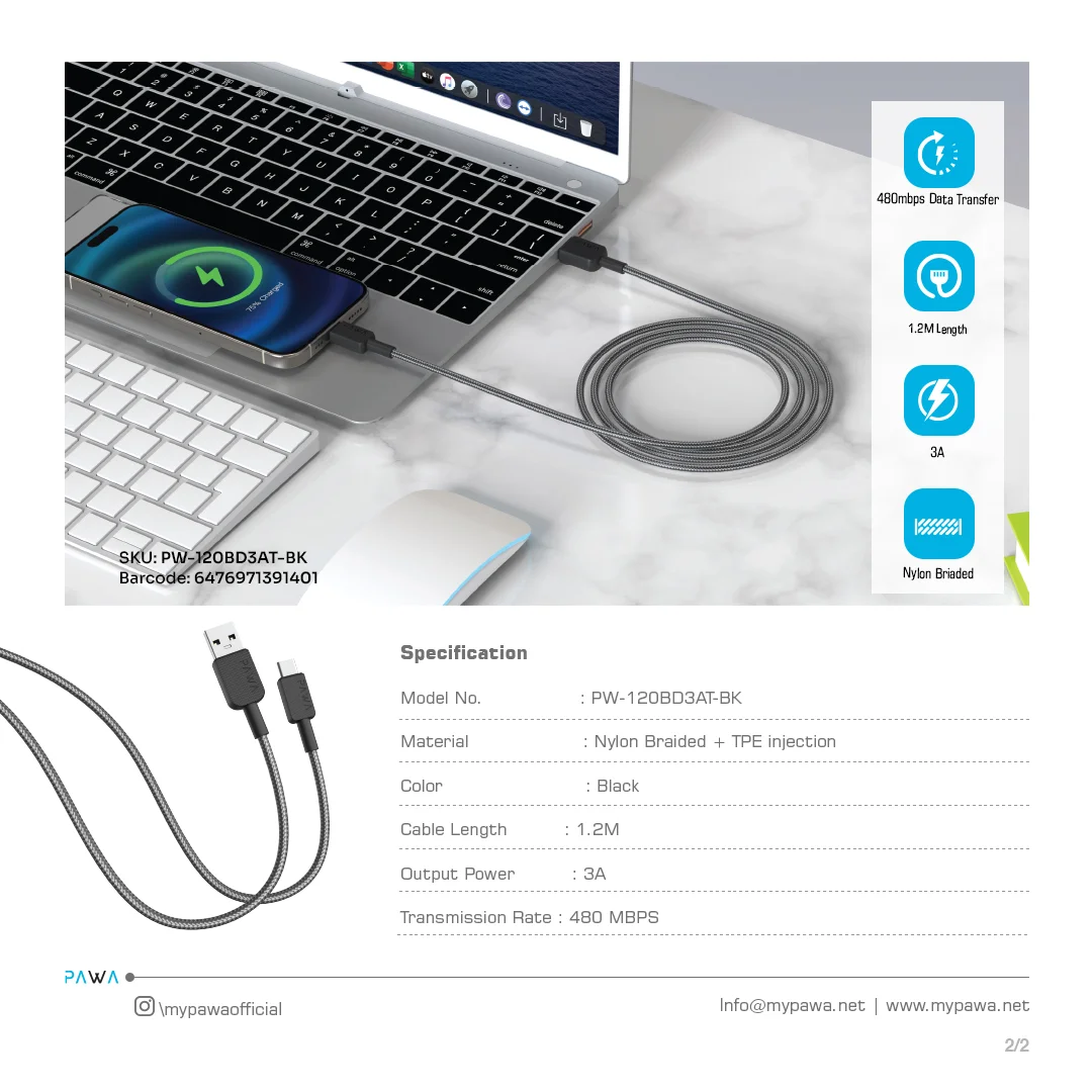 PAWA EL CARO SERIES USB A TO LIGHTNING PREMIUM BRAIDED CABLE 1.2M BLACK PW-120BD3AL-BK - Image 4