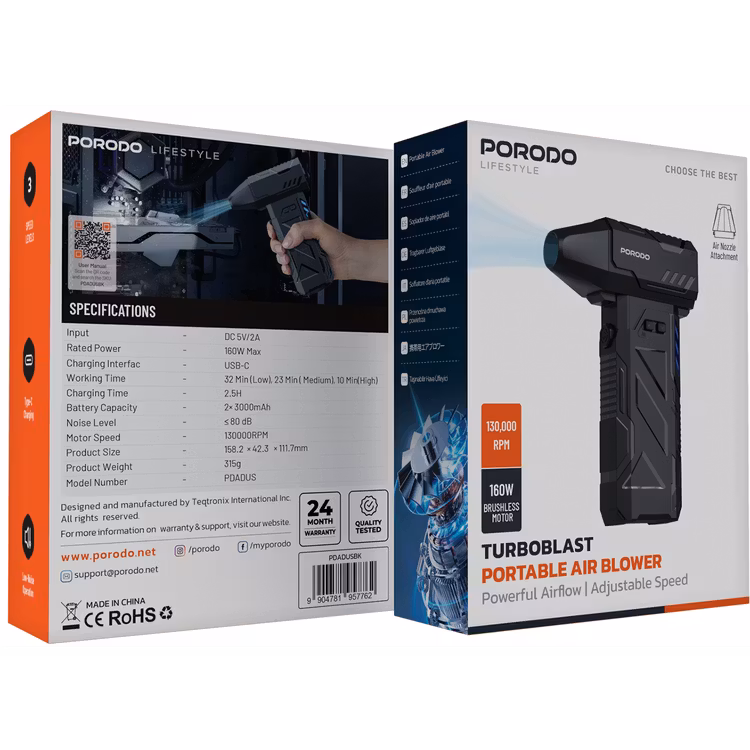 PORODO LIFESTYLE TURBOBLAST PORTABLE AIR BLOWER BLACK PDADUSBK - Image 12
