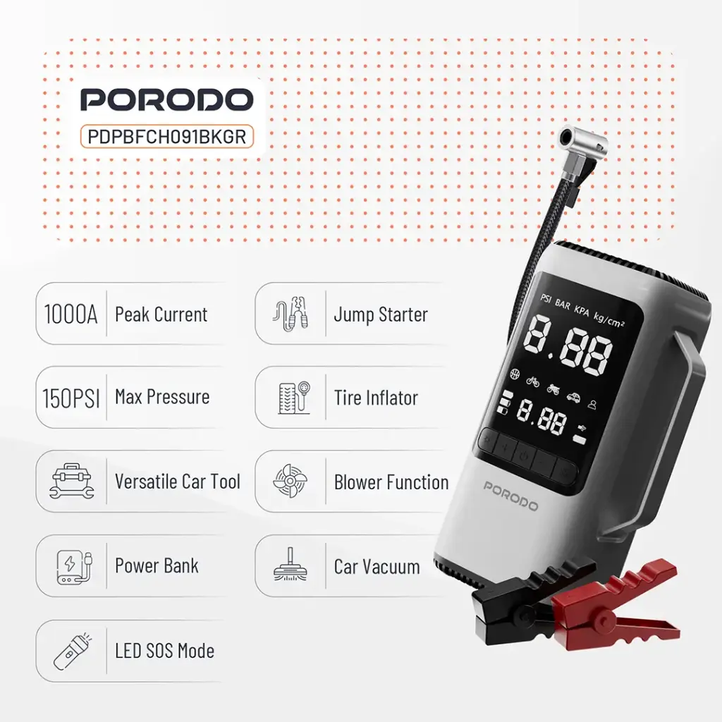 PORODO 6 IN 1 MULITI FUNCTIONAL POWER TOOL JUMP STARTER AIR COMPRESSOR POWERBANK PDPBFCH091BKGR - Image 3