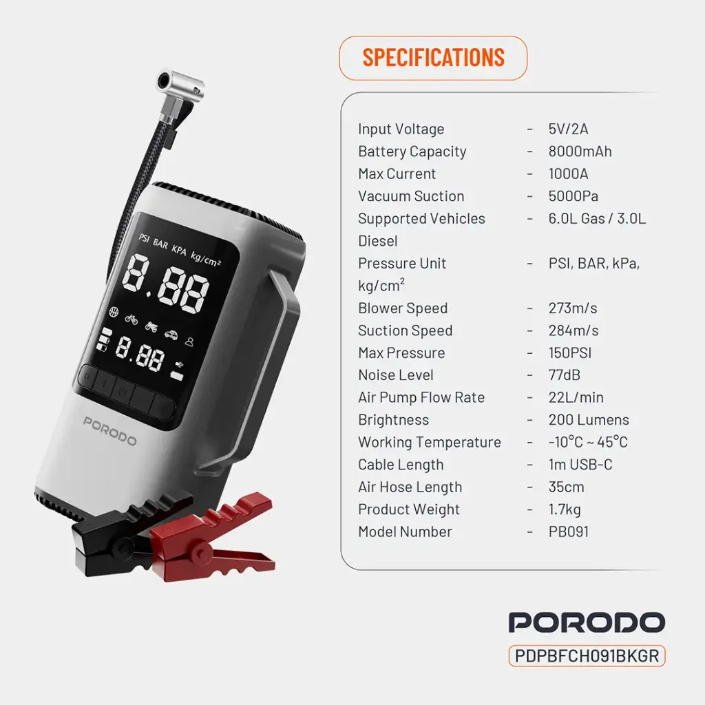 PORODO 6 IN 1 MULITI FUNCTIONAL POWER TOOL JUMP STARTER AIR COMPRESSOR POWERBANK PDPBFCH091BKGR - Image 2