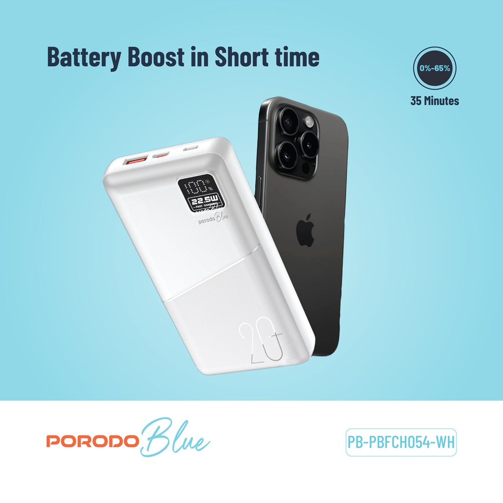 PORODO BLUE 20000MAH QUICK CHARGE POWERBANK USB A AND USB C OUTPUT PD20W WHITE PB-PBFCH054-WH - Image 3