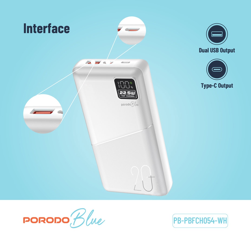 PORODO BLUE 20000MAH QUICK CHARGE POWERBANK USB A AND USB C OUTPUT PD20W WHITE PB-PBFCH054-WH - Image 2