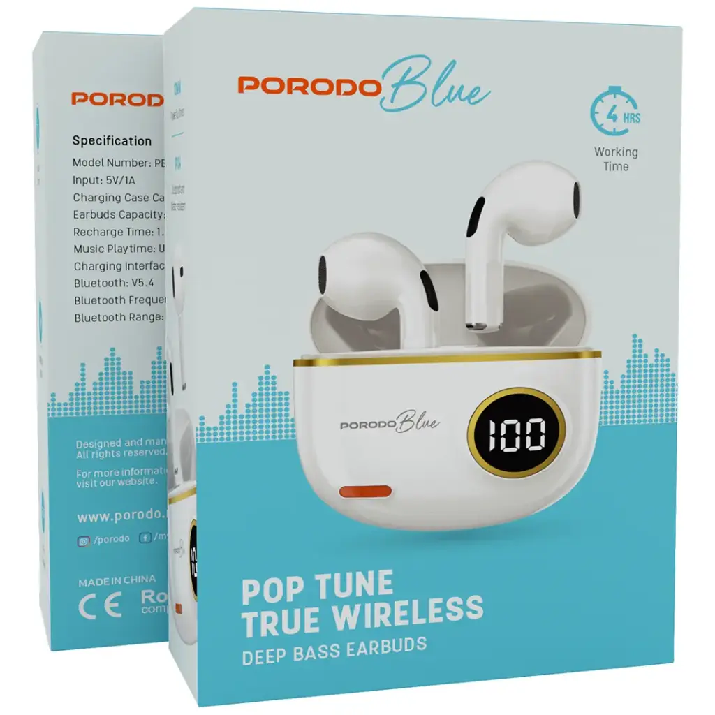 PORODO BLUE POP TUNE TRUE WIRELESS DEEP BASS EARBUDS WHITE PBSTS190WH - Image 5