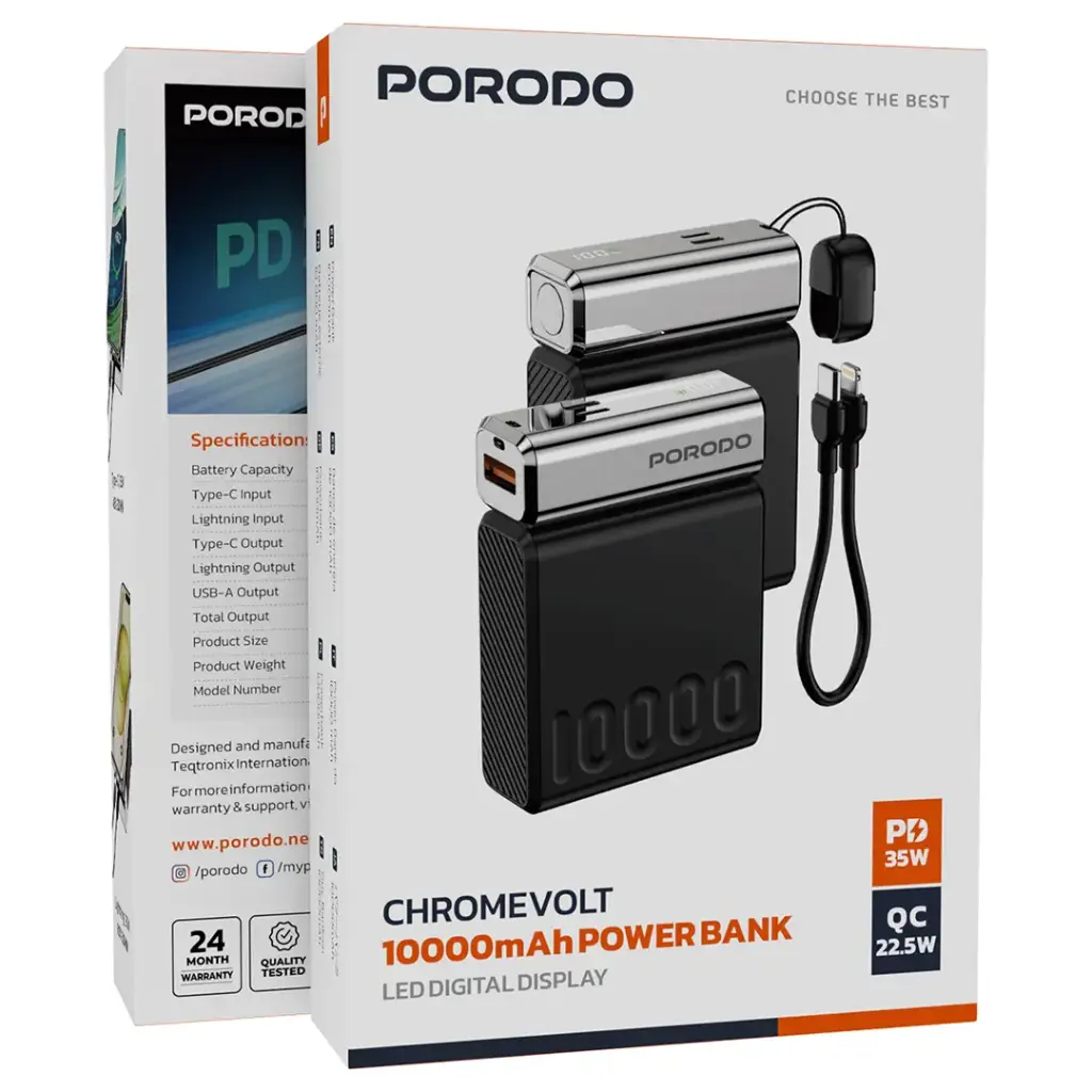 PORODO PD35W CHROME VOLT 10000MAH POWER BANK WITH LED DIGITAL DISPLAY BLACK PDPBFCH088BK - Image 4