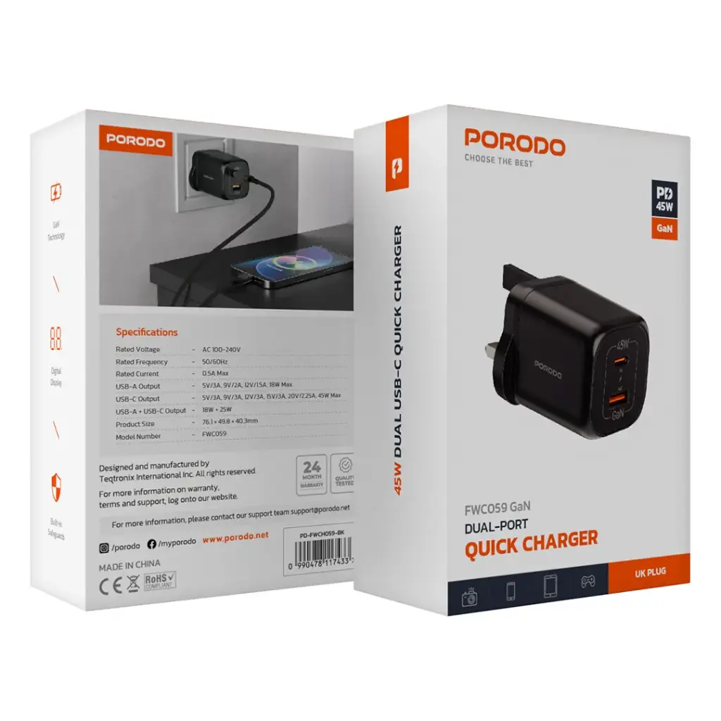 PORODO DUAL PORT QUICK CHARGER BLACK PD-FWCH059-BK - Image 2