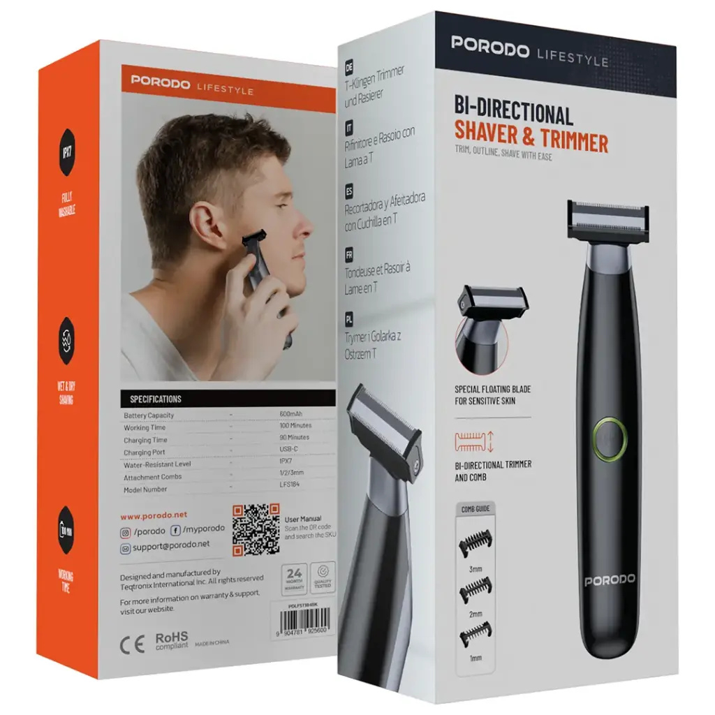 PORODO LIFESTYLE BI DIRECTIONAL SHAVER AND TRIMMER BLACK PDLFST184BK - Image 2