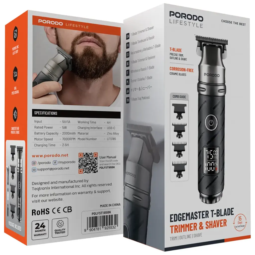 PORODO LIFESTYLE EDGEMASTER T-BLADE TRIMMER AND SHAVER BLACK PDLFST185BK - Image 3
