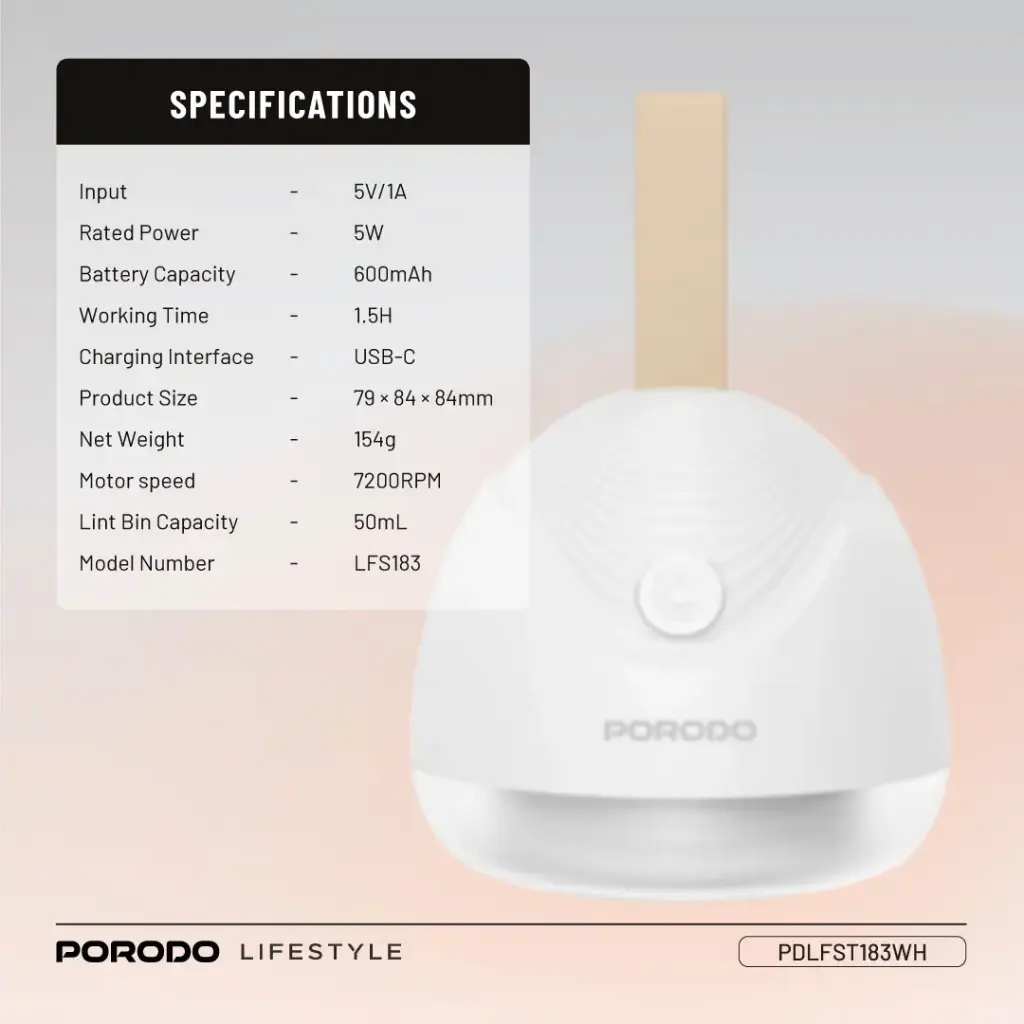 PORODO LIFESTYLE FABRIC SHAVER LINT AND BOBBLES REMOVER WHITE PDLFST183WH - Image 6