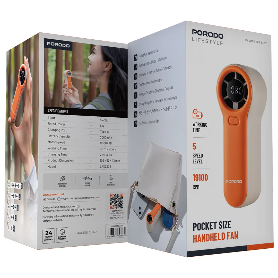 PORODO LIFESTYLE POCKET SIZE HANDHELD FAN WHITE ORANGE PDLSPF2228 - Image 2