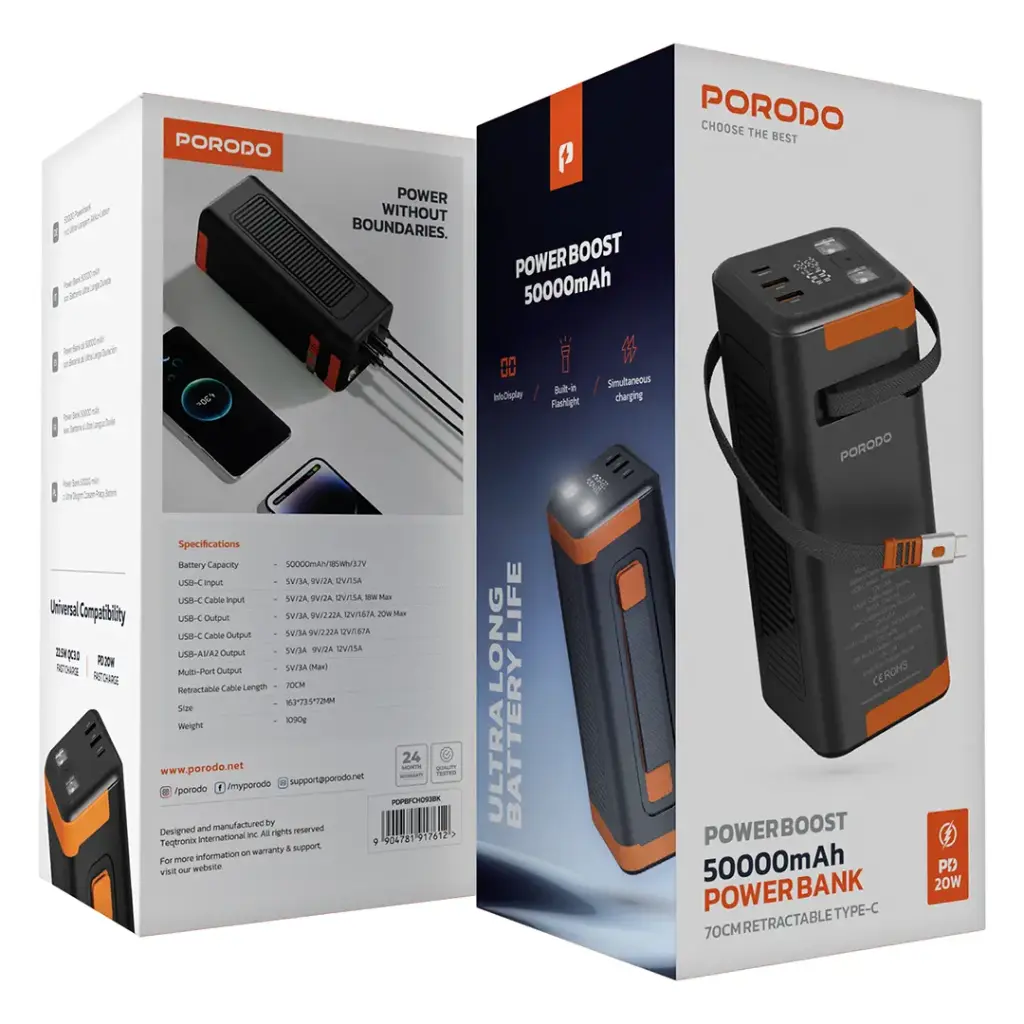 PORODO POWERBOOST 50000MAH POWERBANK WITH TYPE C CABLE PD20W PDPBFCH093BK - Image 3