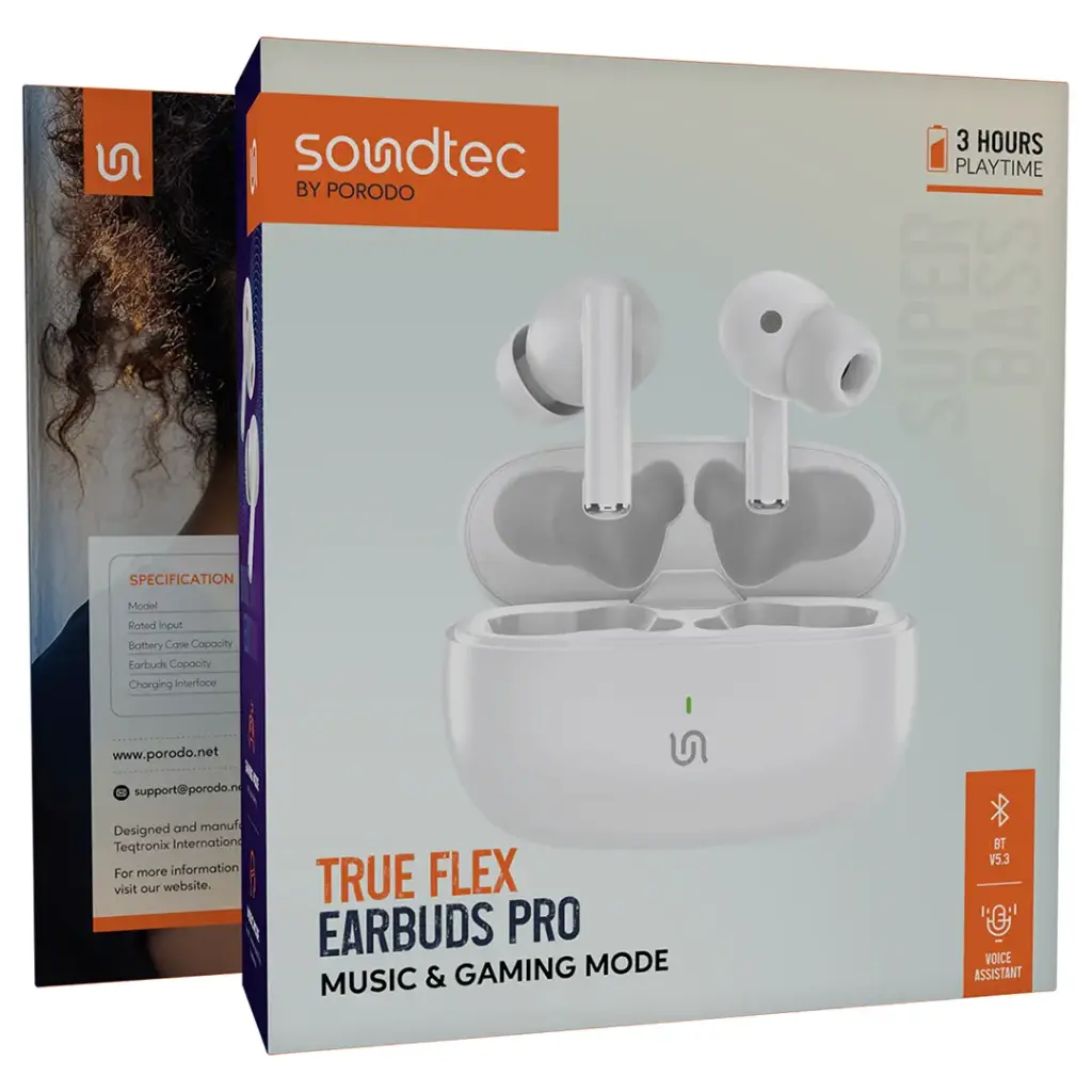 PORODO SOUNDTEC TRUE FLEX EARBUDS PRO WHITE PDST2242WH - Image 4