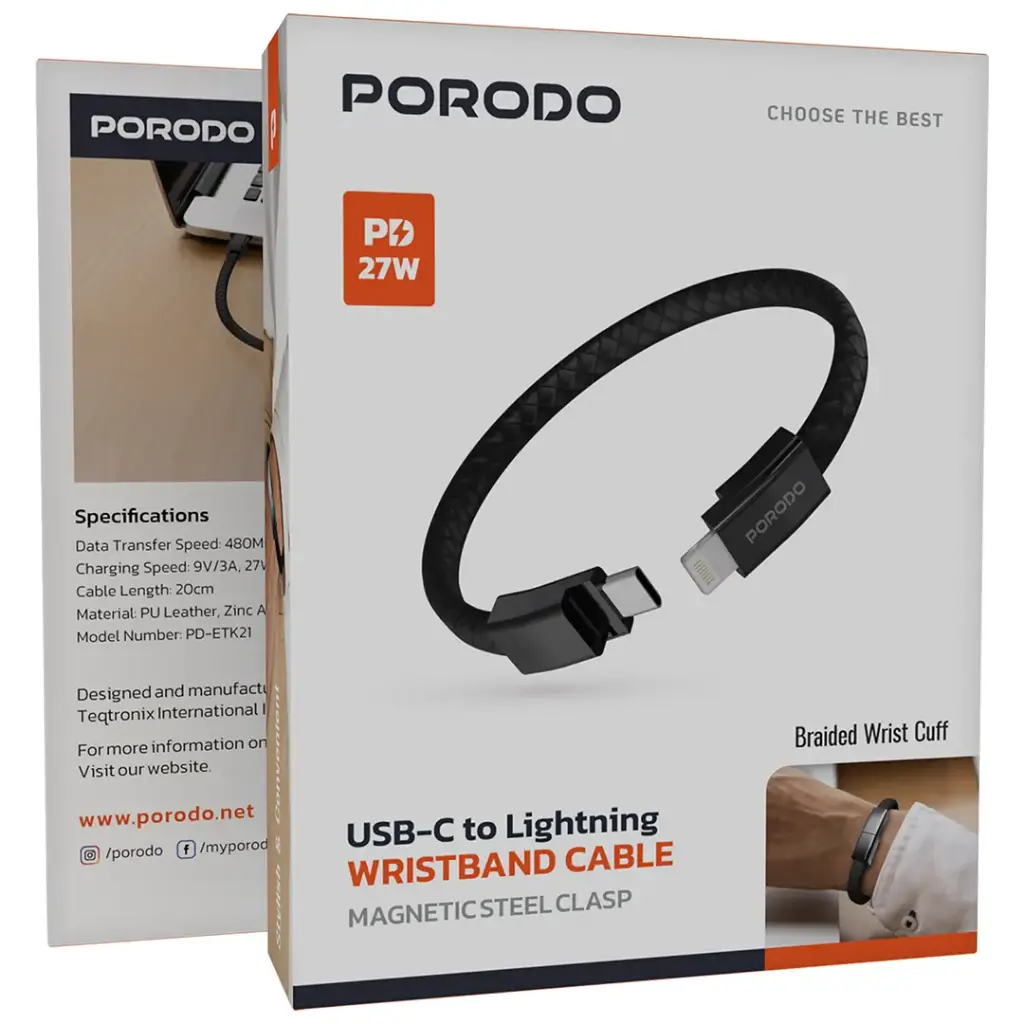 PORODO PD27W USB C TO LIGHTNING WRISTBAND MAGNETIC STEEL CLASP CABLE BLACK PDETK21BK - Image 3