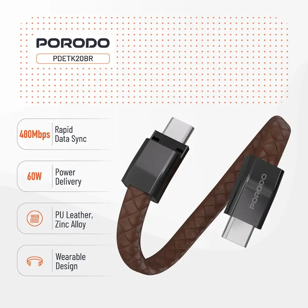 PORODO PD60W USB C TO USB C WRISTBAND MAGNETIC STEEL CLASP CABLE BROWN PDETK20BR - Image 4