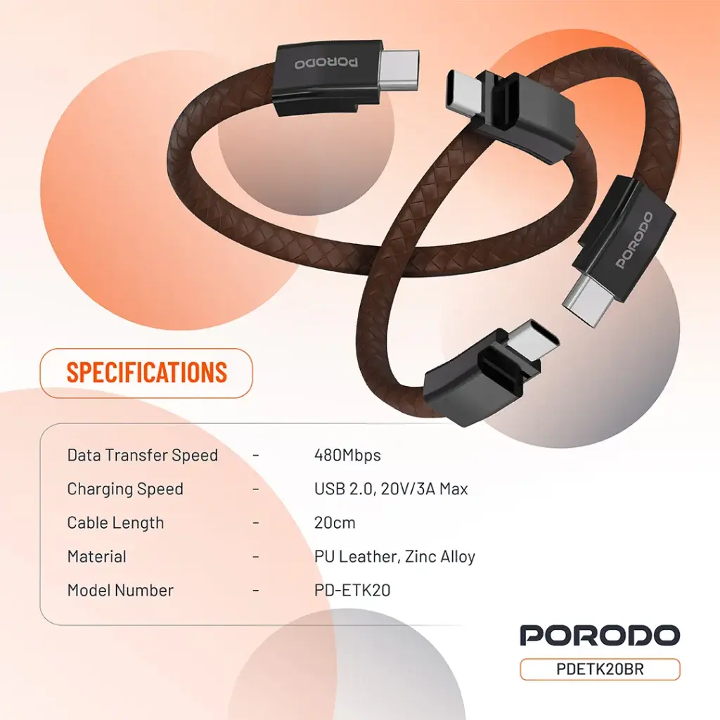 PORODO PD60W USB C TO USB C WRISTBAND MAGNETIC STEEL CLASP CABLE BROWN PDETK20BR - Image 3