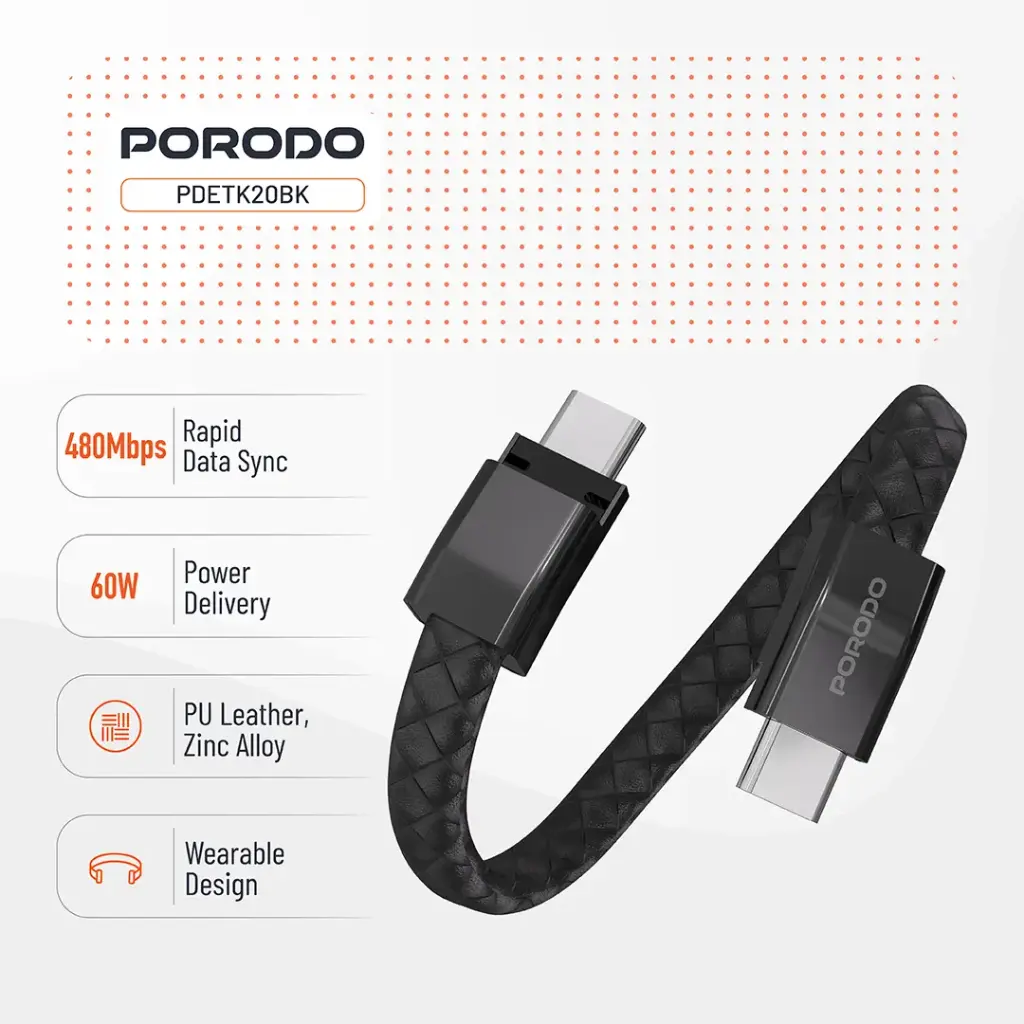 PORODO PD60W USB C TO USB C WRISTBAND MAGNETIC STEEL CLASP CABLE BLACK PDETK20BK - Image 4