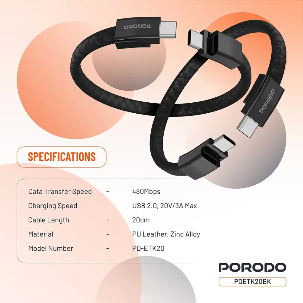 PORODO PD60W USB C TO USB C WRISTBAND MAGNETIC STEEL CLASP CABLE BLACK PDETK20BK - Image 3