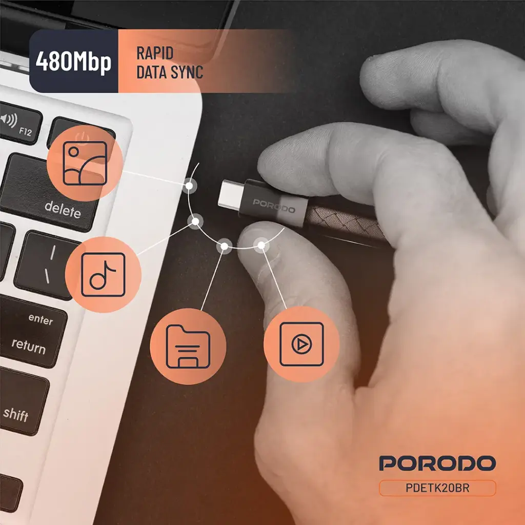 PORODO PD60W USB C TO USB C WRISTBAND MAGNETIC STEEL CLASP CABLE BROWN PDETK20BR - Image 5
